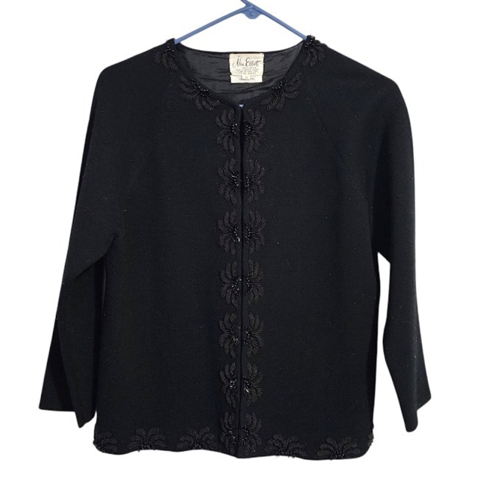 NAN ELLIOT 50s‎ Beaded Wool Cardigan Black Hong Kong Vintage Evening Size 14